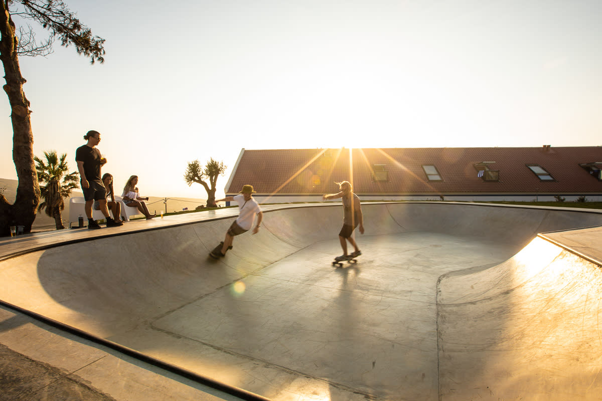 Skate bowl in sunset at Lapoint Surf camp Ericeira Portugal