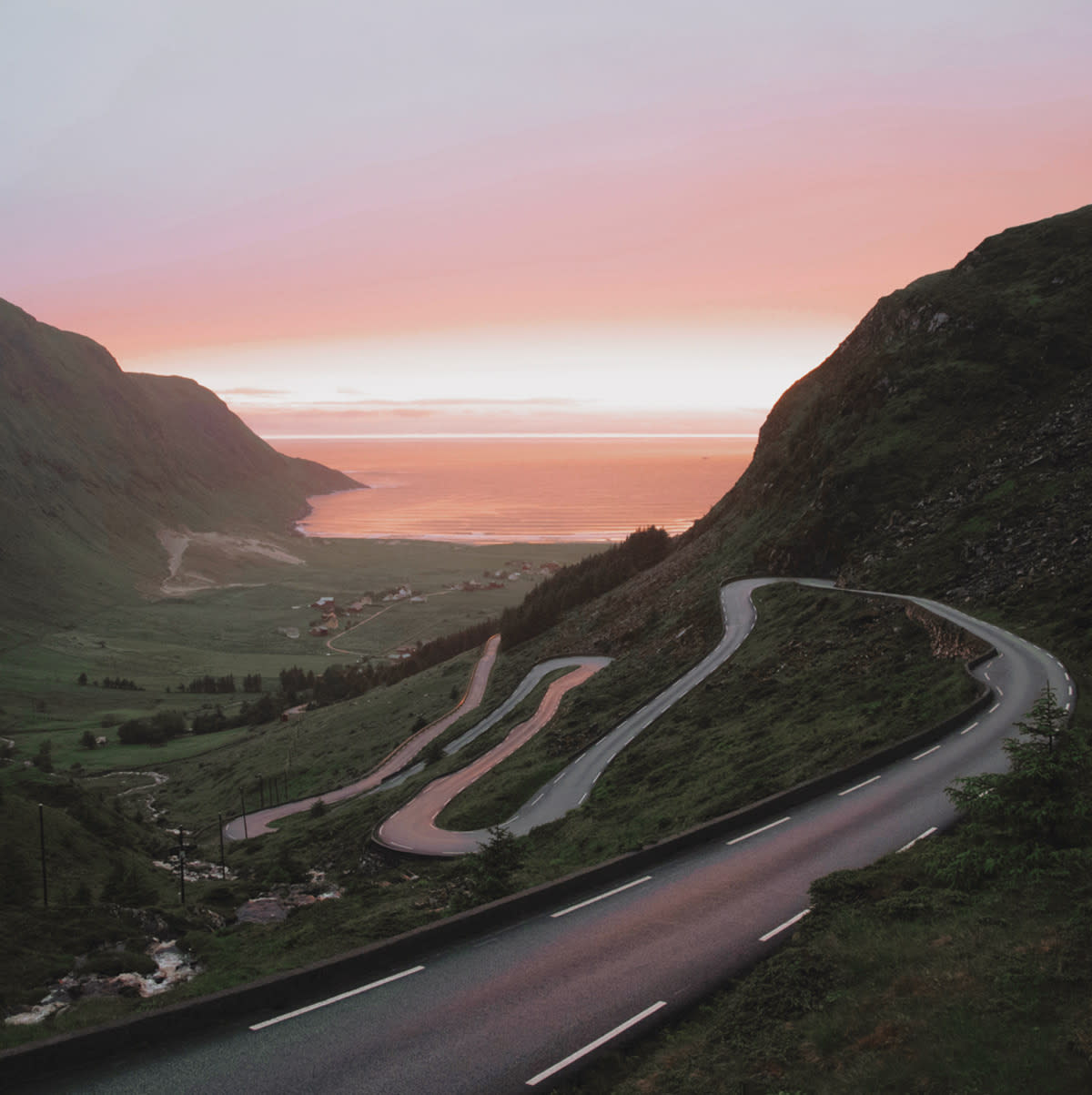 View-over-hoddevik-and-the-road-at-sunset-norway-lapoint-surf-camp