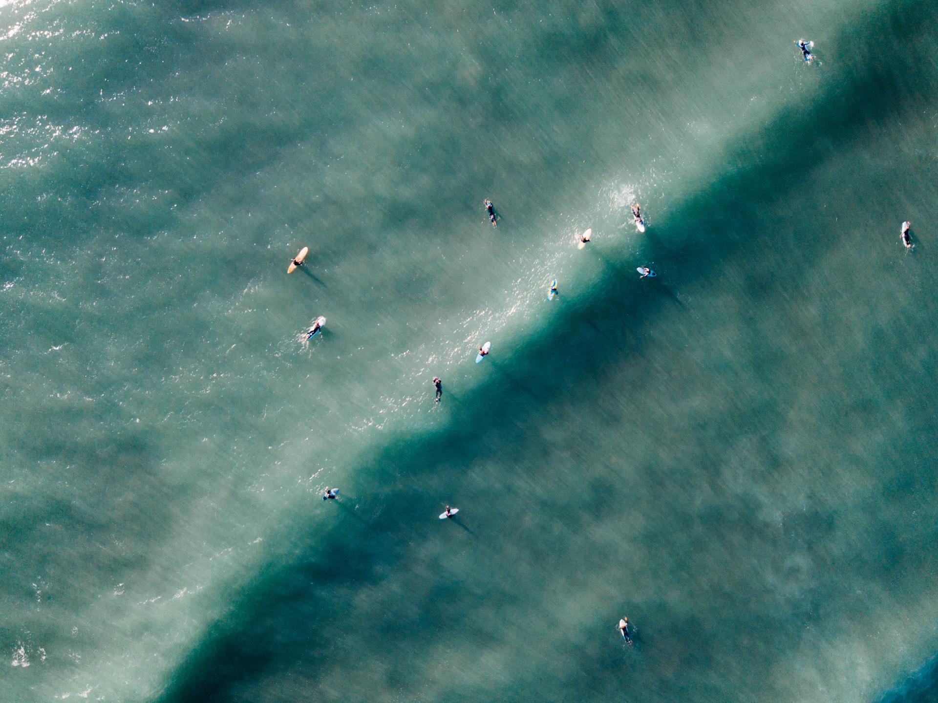 Surfers line up